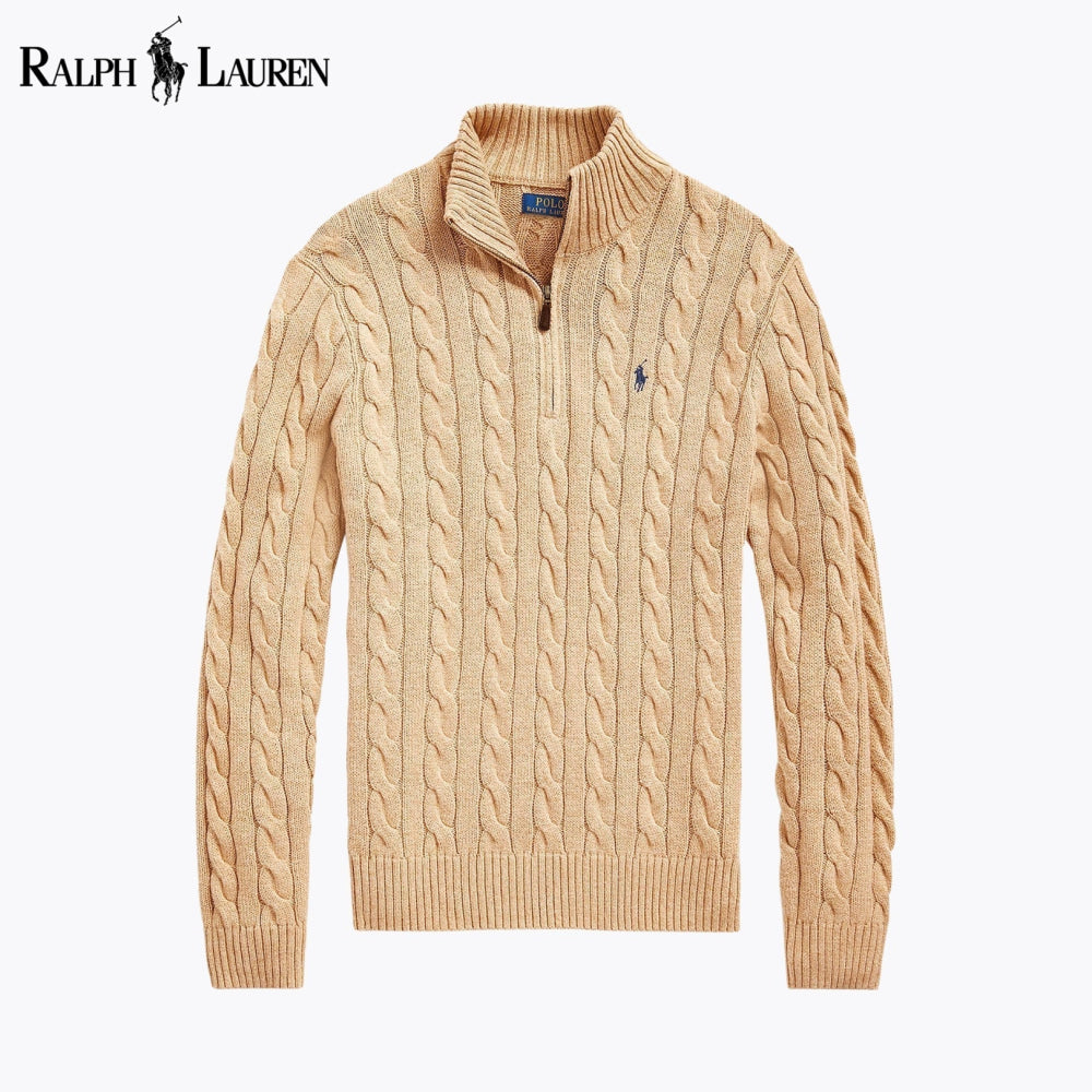 Pull RL en coton à grosses mailles torsadées et fermeture éclair au quart