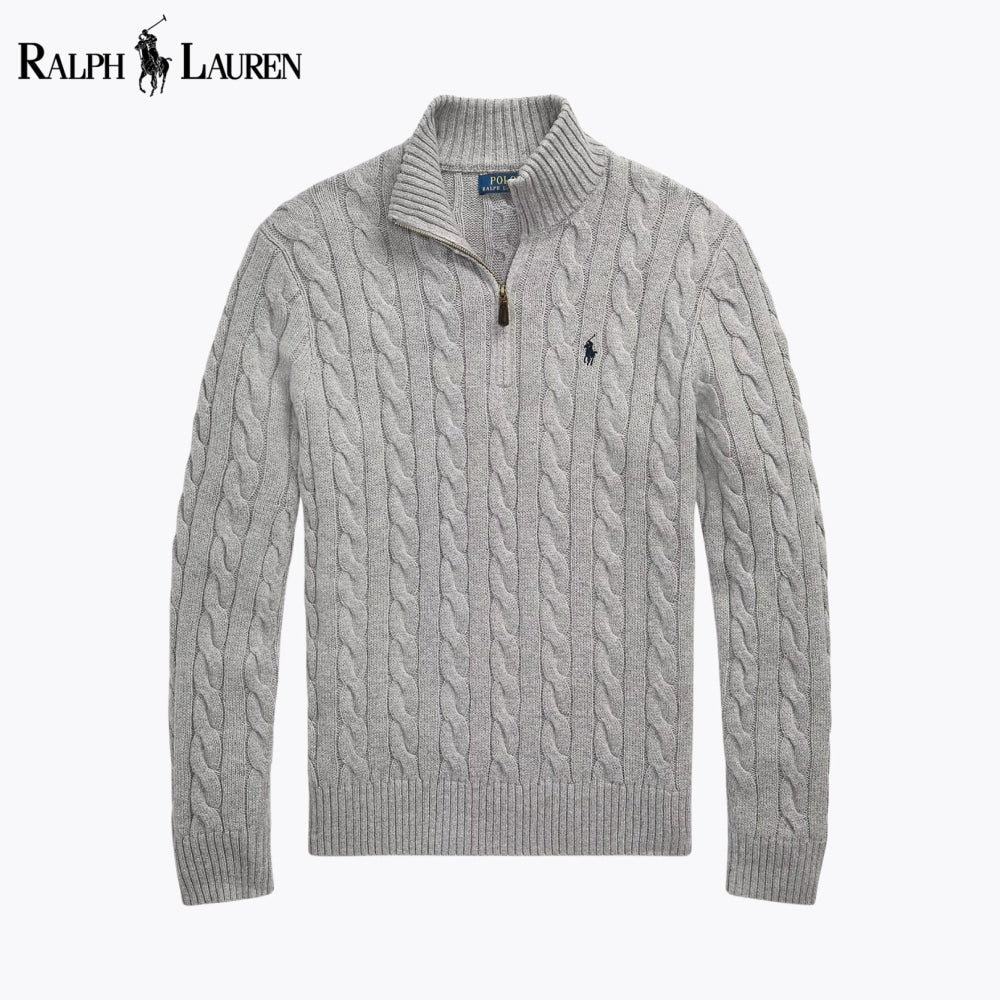 Pull RL en coton à grosses mailles torsadées et fermeture éclair au quart