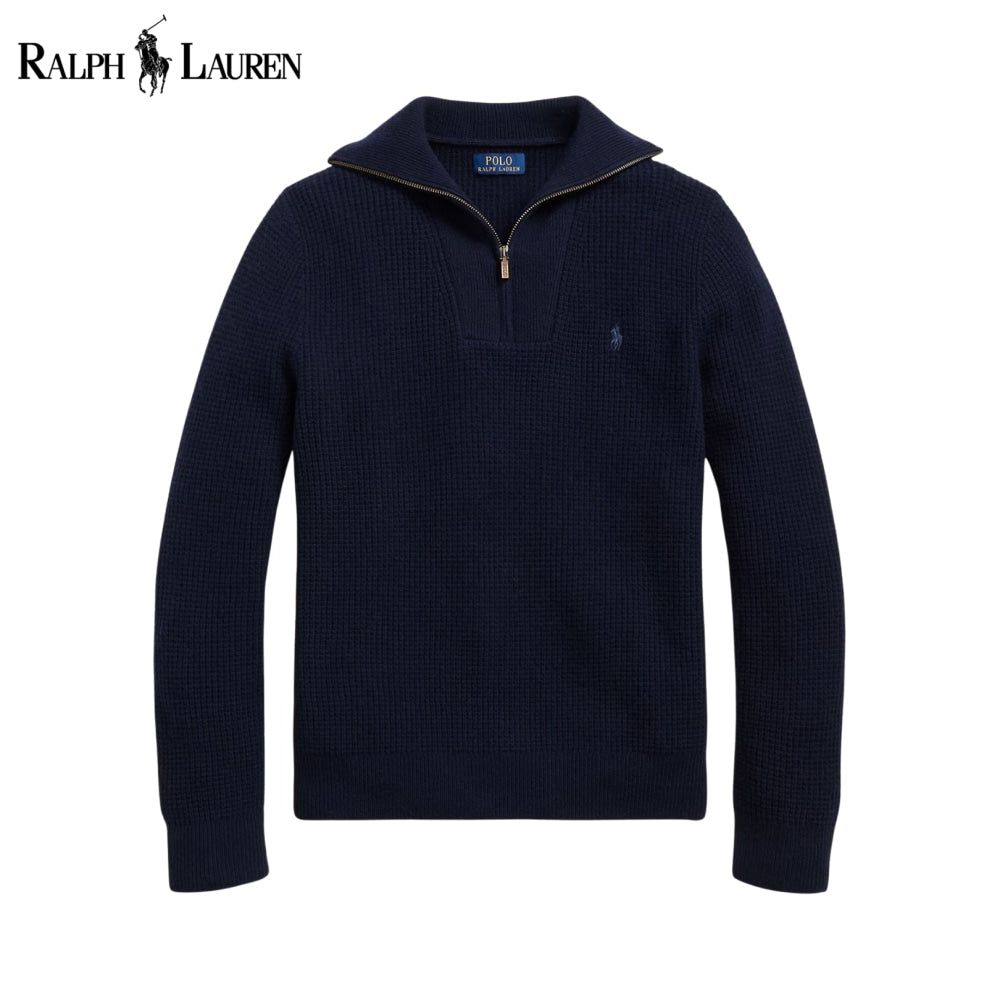 Pull RL en laine et coton à maille gaufrée et fermeture éclair au quart